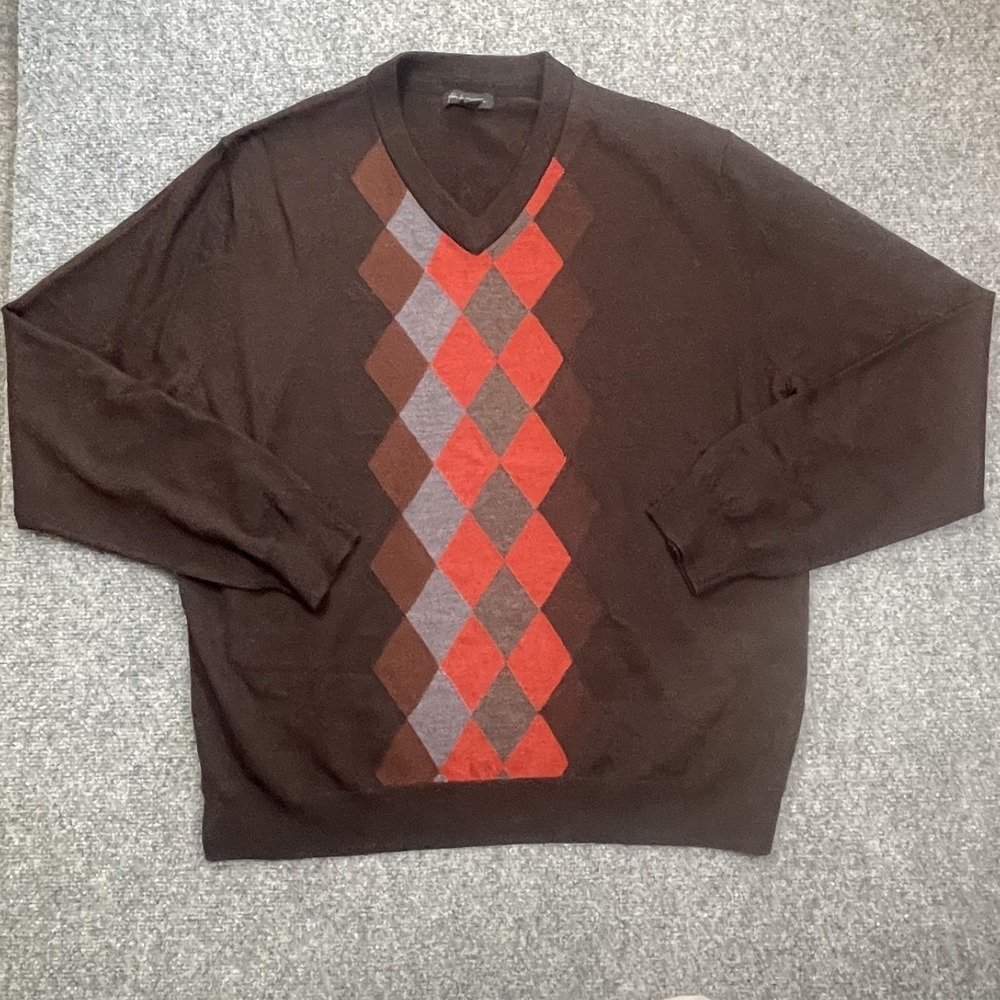 John W. Nordstrom Sweater Mens XL Chocolate Brown Argyle Merino Wool Pullover